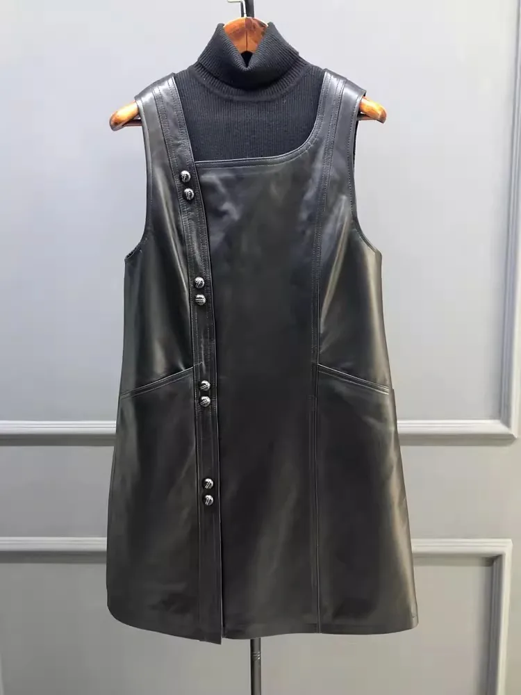 Women Genuine Leather Dress Sleeveless Square Neck A-Line Short Dresses Spring Autumn Sheepskin Sweet Casual Black Tank Dress