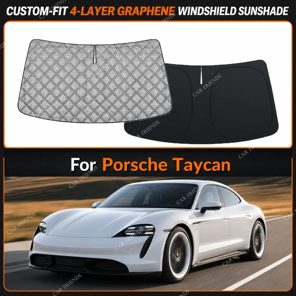 For Porsche Taycan Custom-Fit 4-Layer Graphene Windshield Sunshade Reflective Gray-Silver Surface Helps Reduce Direct Sunlight