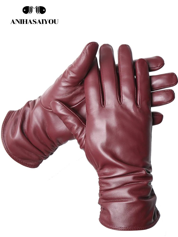 Women's sheepskin gloves winter warm plus velvet short thin touch screen driving color Women's leather gloves high Quality -2081