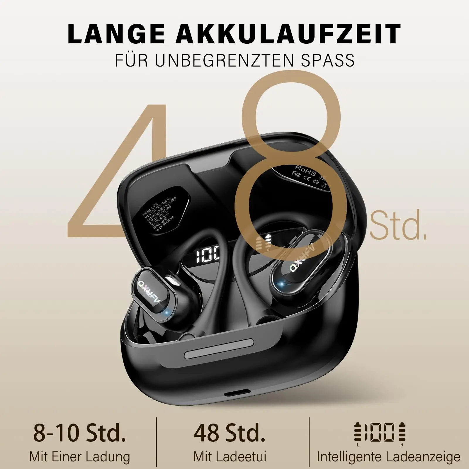 Open Ear Bluetooth Headphones, IPX7 Waterproof Sports Earbuds with 48H Playtime, AI Noise Canceling Mic for Running Cycling.