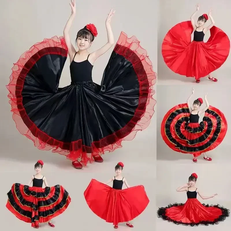 

Kid Girl Gypsy Spanish Flamenco Skirt Satin Smooth Big Swing Carnival Party Ballroom Belly Dance Festival Stage Costume