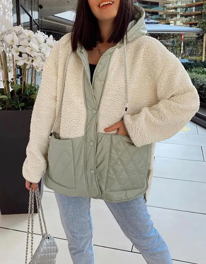 Women's Jacket 2025 Spring Autumn Fashion Polar Fleece Patch Hooded Coat Casual Pocket Design Loose Single Breasted Winter Coat