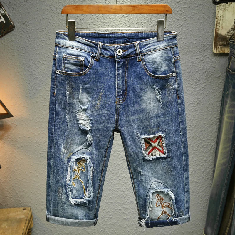 

Denim men's fashionable and personalized cropped shorts pants patches men's pants cow ripped shorts jeans men clothing