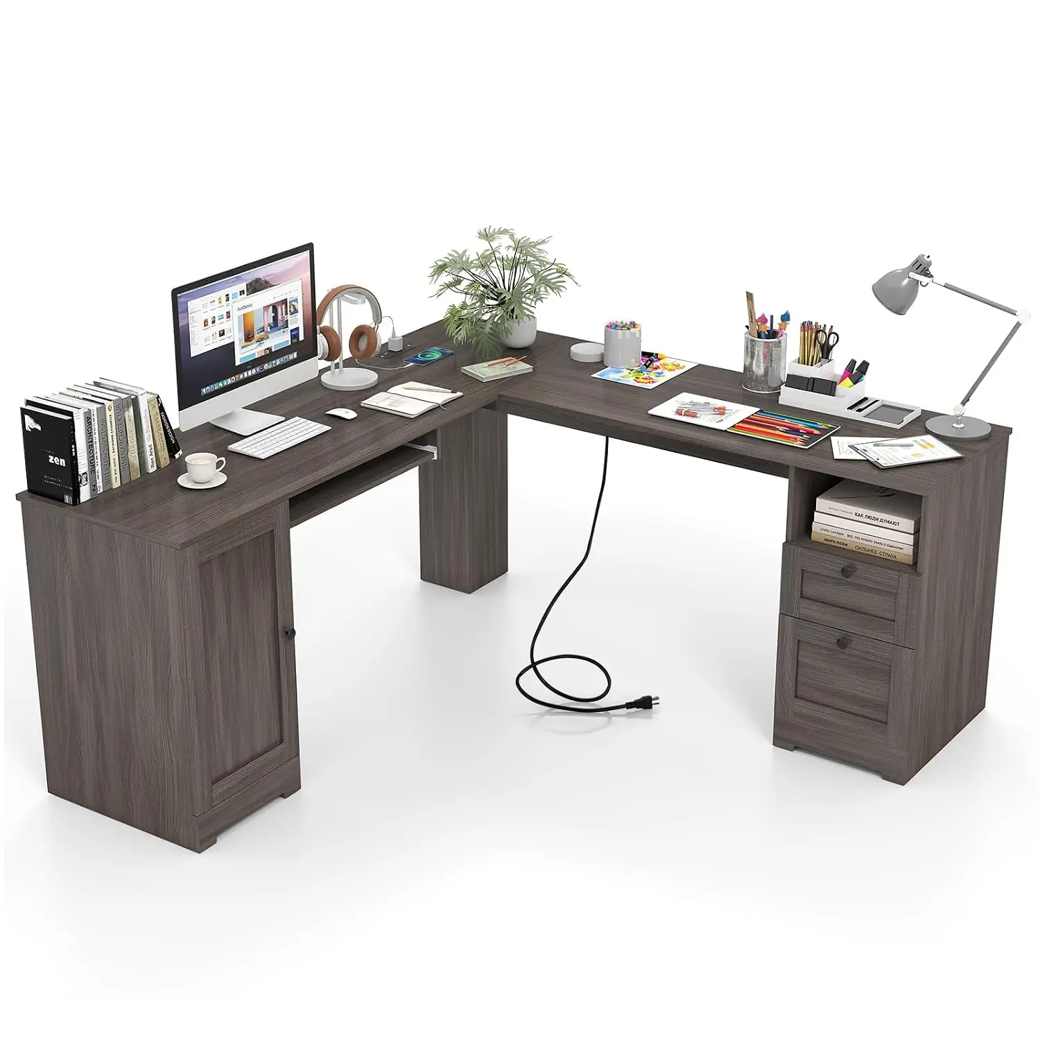 L-Shaped Office Desk with Power Outlets, 2 Drawers, Cabinet, Shelf & Keyboard Tray,, 66