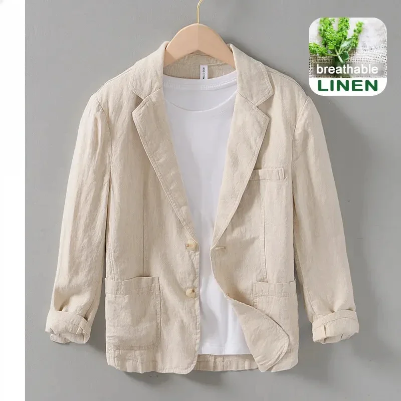 

Spring New Vintage Linen Safari Suits for Men Clothing Three Quarter Solid Color Blazers Men Jackets BL960