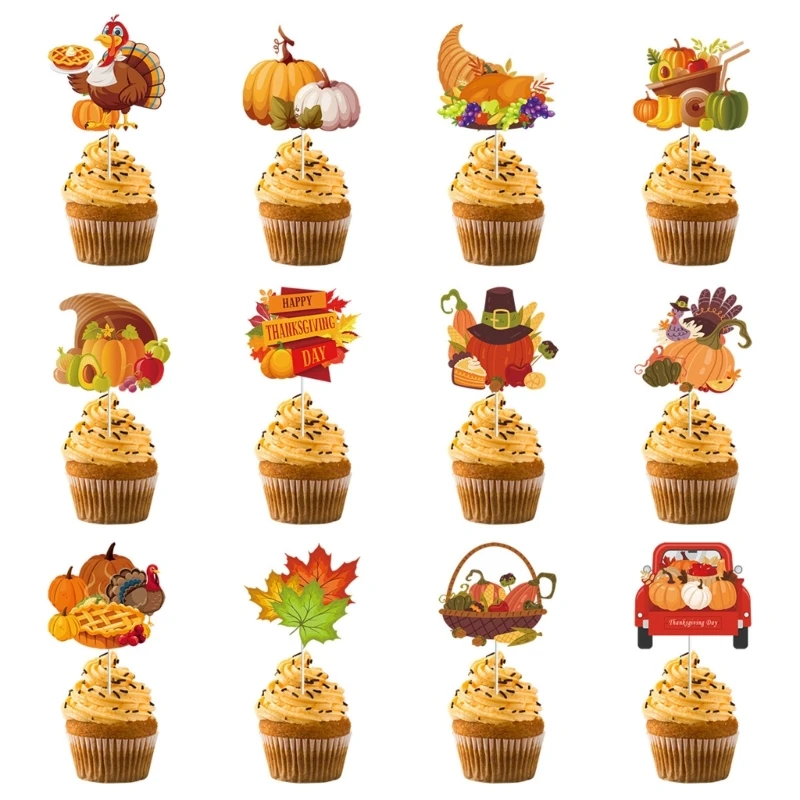 Thanksgiving Cake Inserts, Pack of 12pcs Cake Plug-in and Inserts Turkey Decorations for Holiday Party Dropshipping