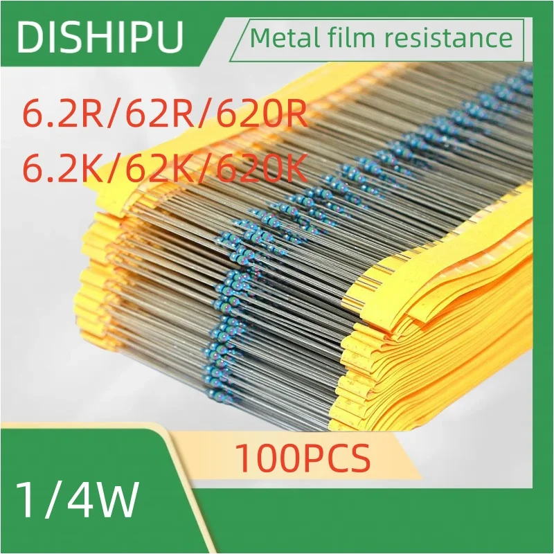 

100PCS 1/4W Metal film resistance 6.2R/62R/620R 6.2K/62K/620K Accuracy 1%