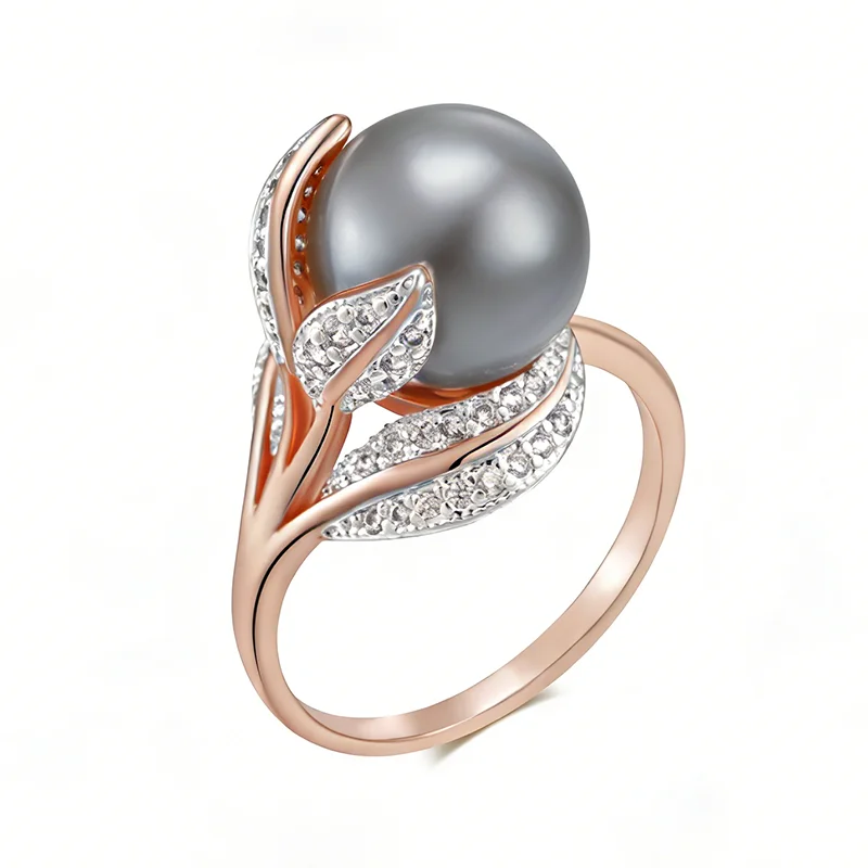 Wbmqda Big Grey Pearl Damenringe 585 Roségoldfarben Luxus Hochzeit Zirkon Schmuckzubehör