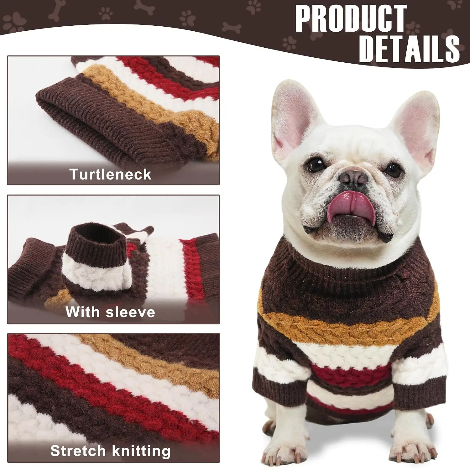 Cable Knit Turtleneck Dog Sweater with Legs for Small Medium Dogs, Winter Warm Thick Outdoor Pullover, Brown Medium, Customized