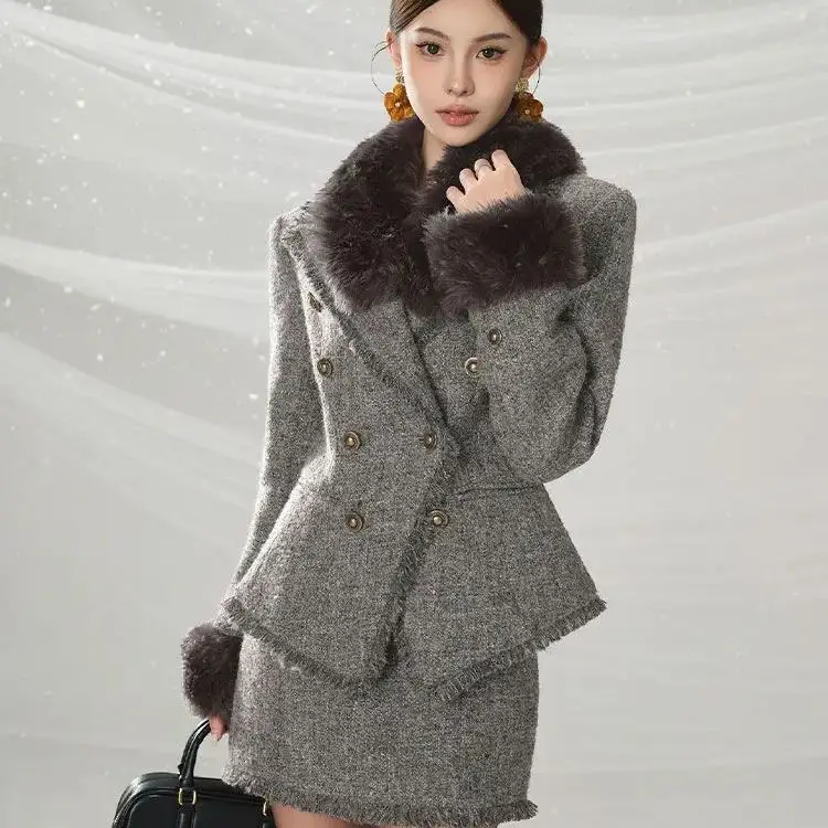 

High-End Short Skirt Suit Design Rich Family Temperament Small Fragrant Style Suit Waist Slimming Woolen Tweed Jacket