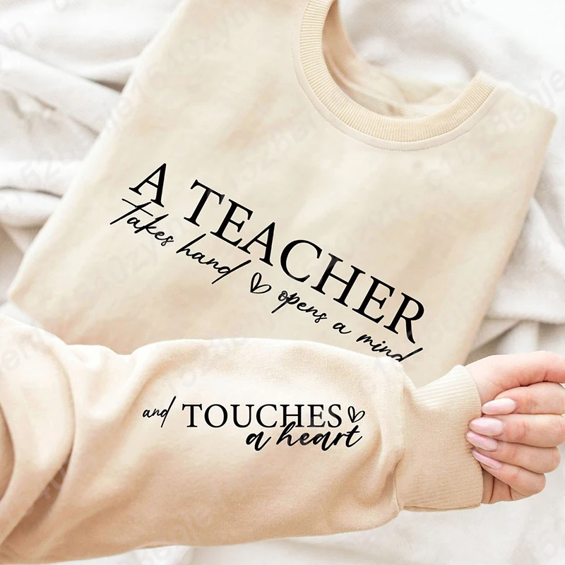 

A Teacher Print Oversized Sweatshirt, Casual Pullovers, Long Sleeve Crew Neck Sweatshirt For Fall & Winter, Women's Clothing