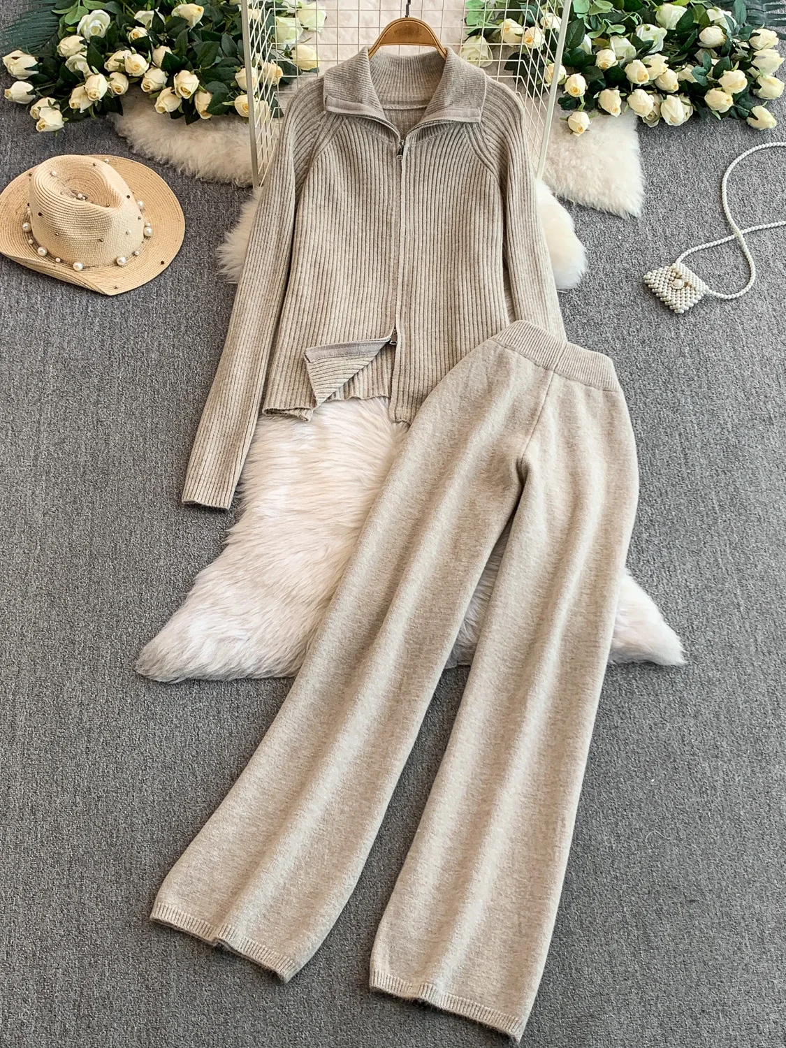 

Faionable Knitted Set Women's Autumn Winter Loose Casual Design Zipper Collar Jaet High Waist Slim Wide Leg Pants