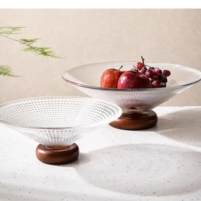 

Texture Glass Fruit Plate Wooden Base Transparent Candy Living Room Snack Nut Plates Home Storage Tray