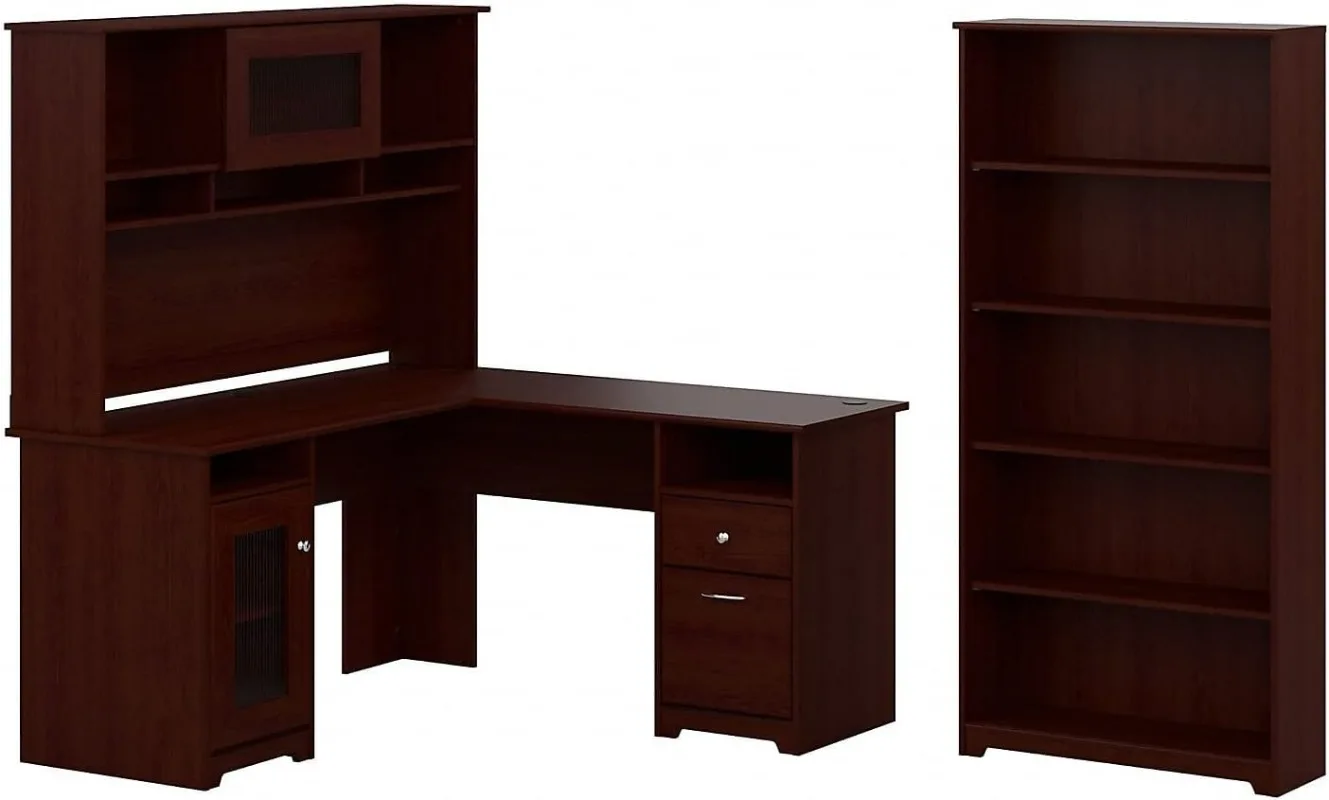 Cabot 60W L Shaped Computer Desk with Hutch and 5 Shelf Bookcase in Harvest Cherry