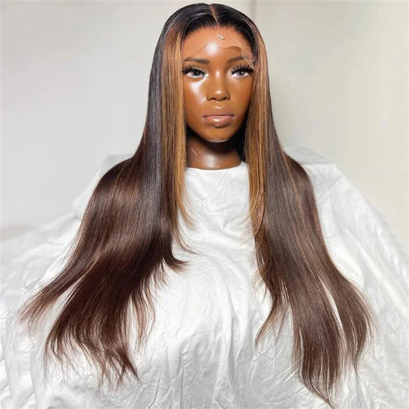 Ombre Brown Soft 26inch Long 180% Density Straight Lace Front Wig For Black Women Baby hair Heat Resistant Preplucked Glueless