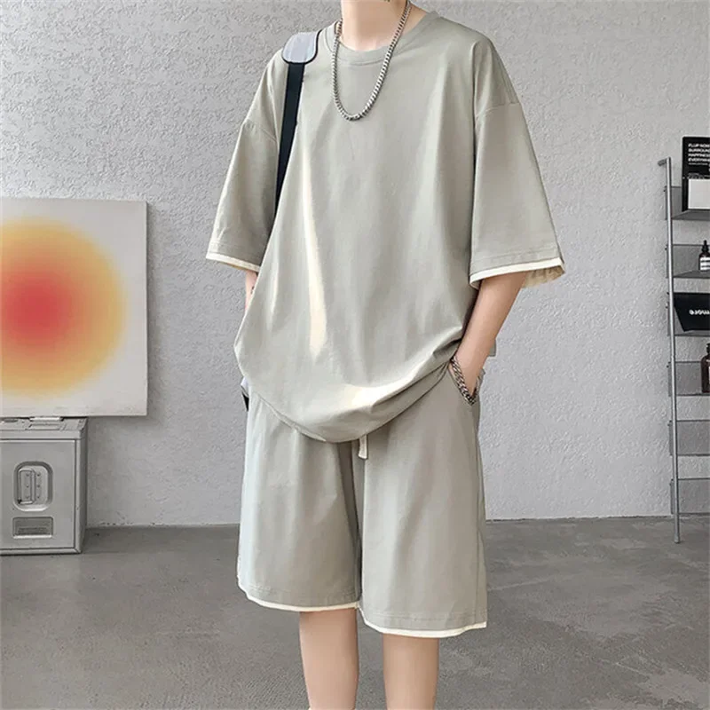 LIBIELIY 2025 Summer Men's Casual Sets Short Sleeve T-Shirts+Shorts Loose Sports Sets Man Solid O-Neck Streetwear Daily Jogging