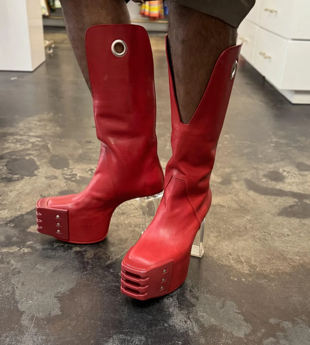 Bold Red Platform Knee High Boots Square Toe Tall Boot Clear Block Heel Metal Rivet Decor Pull‑On Fashion Footwear for Party