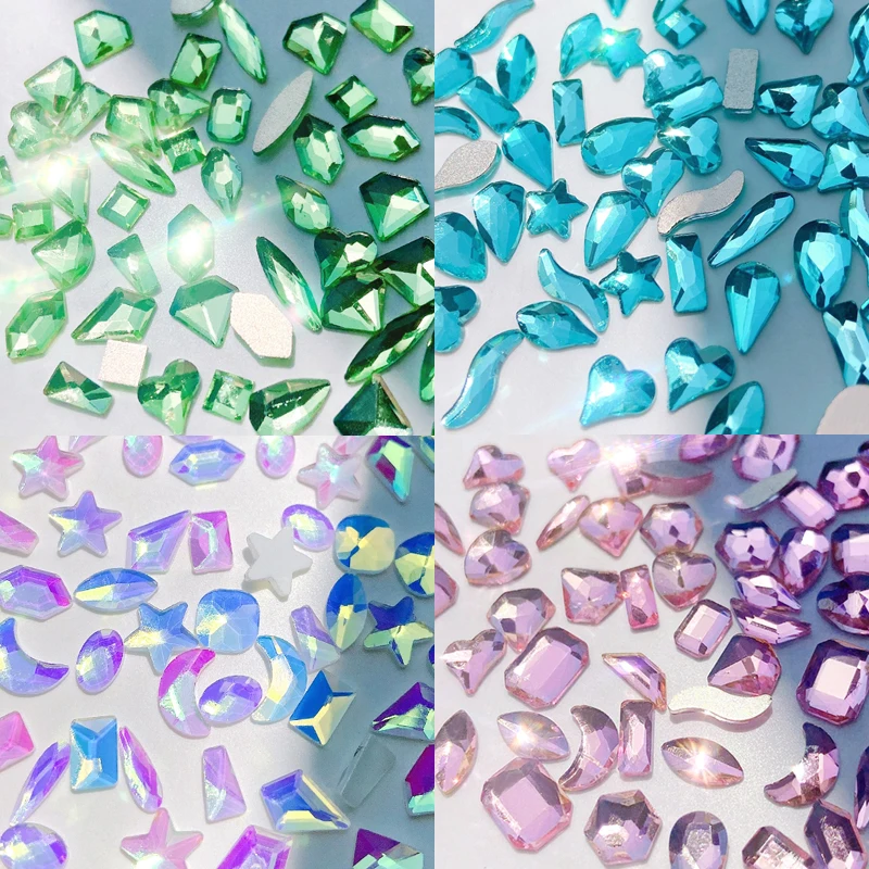 

100pcs Mix Shaped Shiny Crystal Nail Art Rhinestones Summer Green Blue Pink 3D Flatback Glass Diamonds Nail Jewelry Accessories