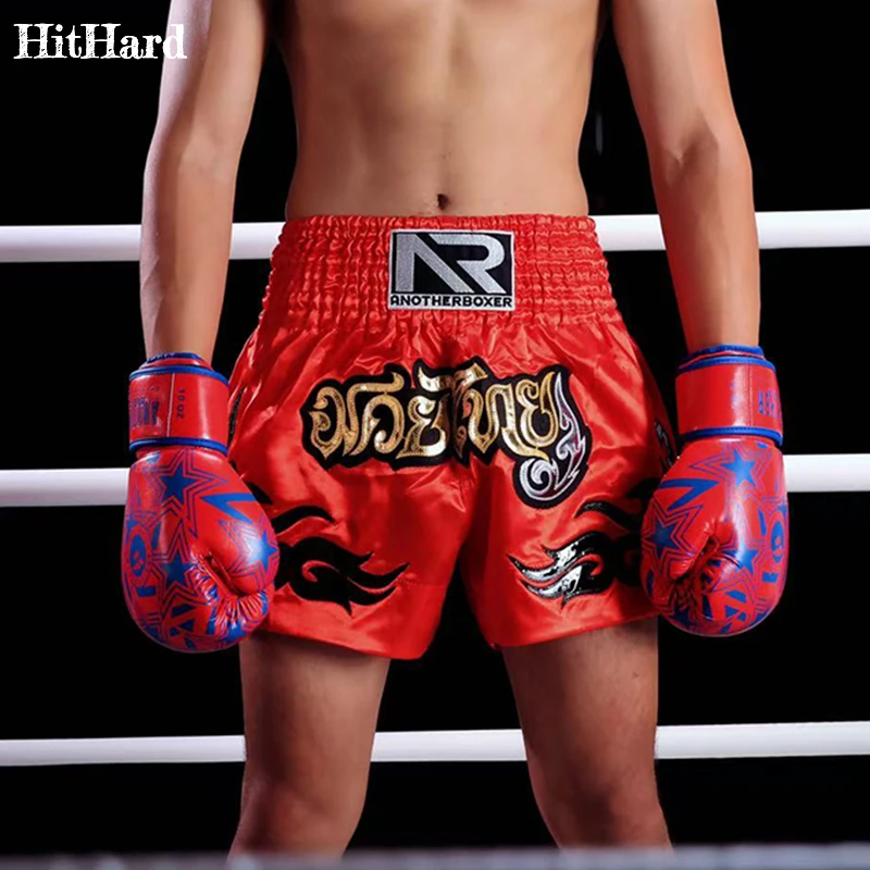 

Muay Thai Shorts Fight Kickboxing Shorts Fitness Men Women Kids Red Classic Boxing Shorts Embroidery Gym Training MMA BJJ Pants