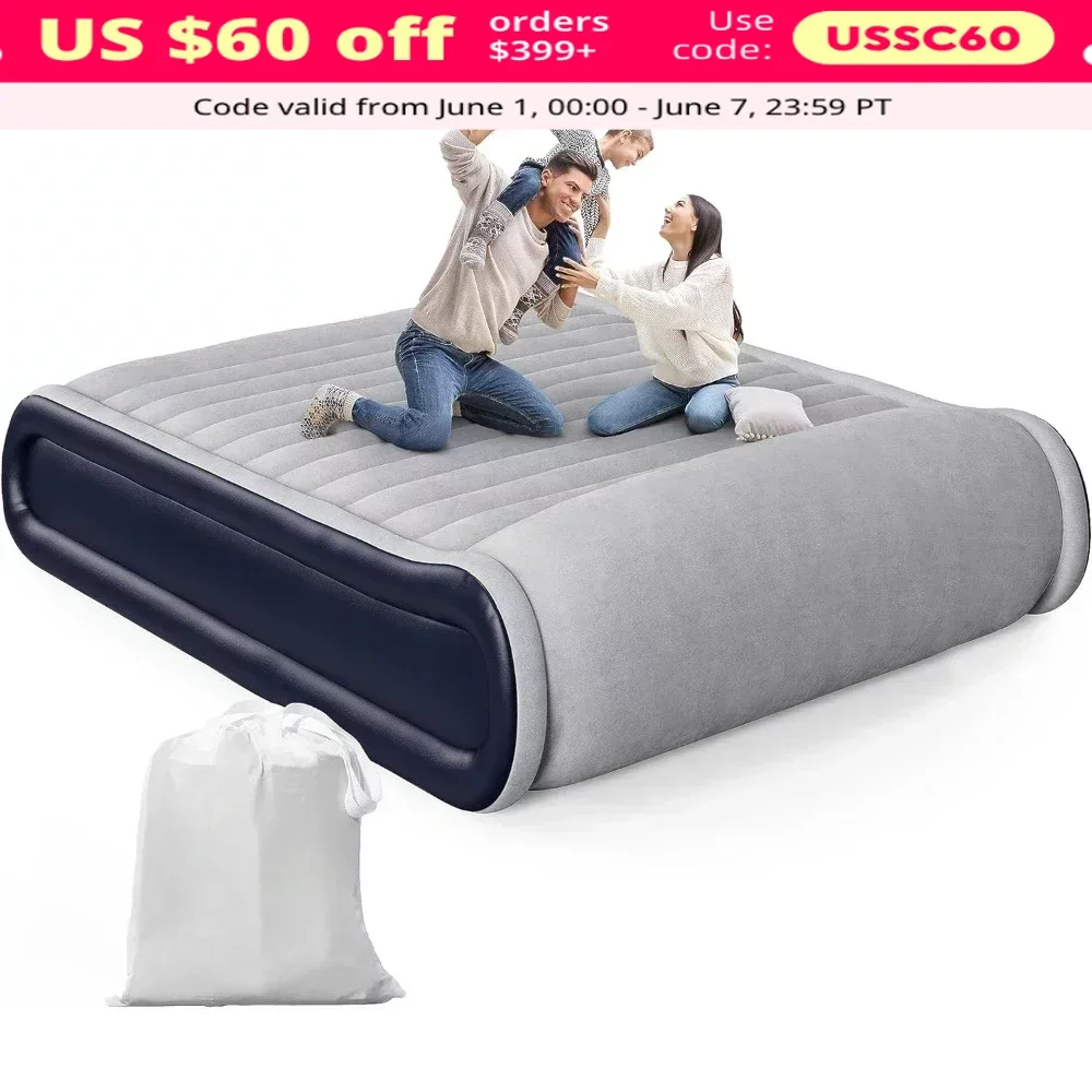 Queen Air Mattress with Built-in Pump, with Integrated Pillow, Fast Inflation/Deflation, Waterproof Flocking Air Bed