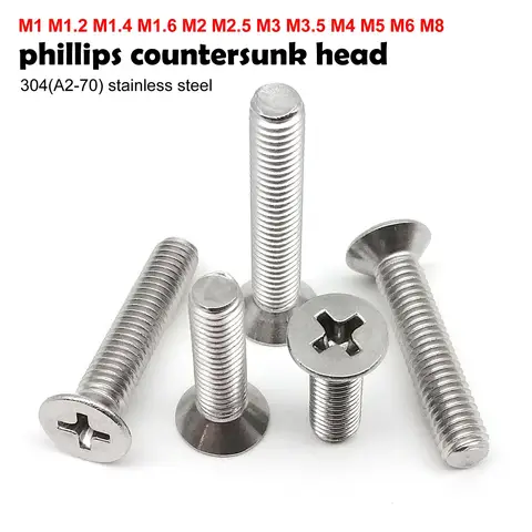 5/10/50pcs M1 M1.2 M1.4 M1.6 M2 M2.5 M3 M3.5 M4 M5 M6 M8 A2 304 Stainless steel Cross Phillips Flat Countersunk Head Screw Bolt