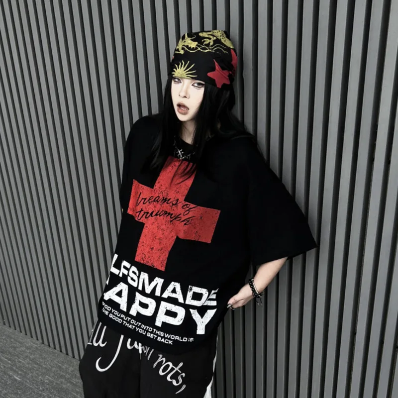 ANJY 2026 Summer New Women Trend American Style Dark Print Short Sleeve T-shirt Loose Casual Waffle Streetwear Letter Top A21210