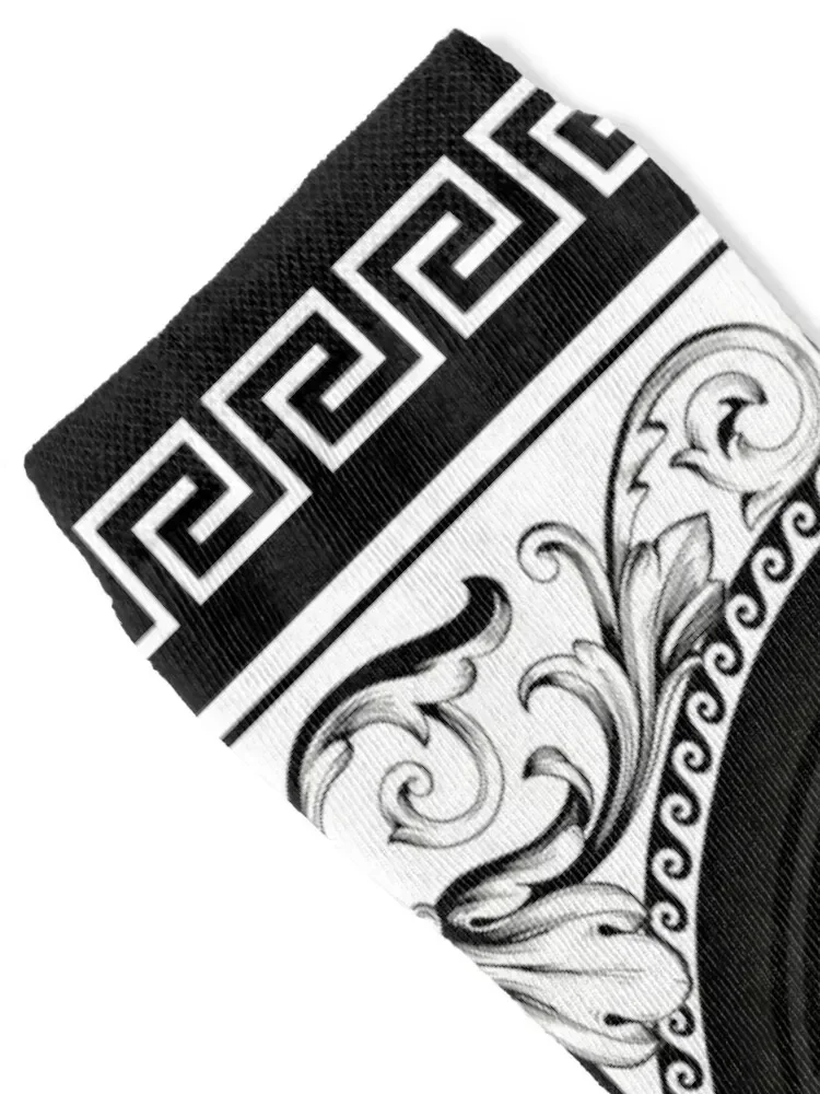 White Black Greek Meander Baroque Socks crazy man gifts custom Socks Ladies Men's