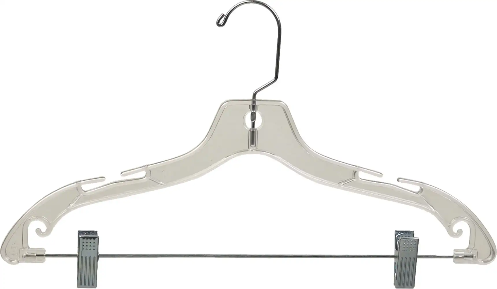 

Clear Plastic Combo Hangers, Box of 50 Flat Ladies Hangers with Adjustable Cushion Clips and Chrome Swivel Hook