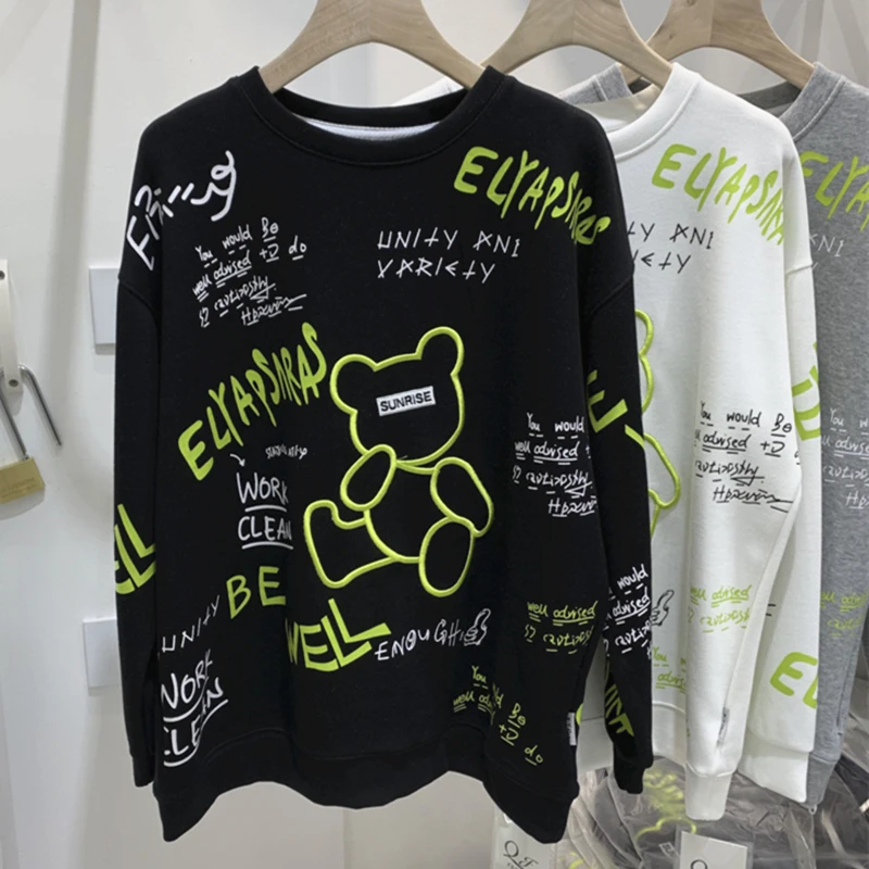 Harajuku Brand Graffiti Cartoon Bear Embroidery Sweatshirt O-neck Oversized Pullover Winter Korean Style Loose Kawaii Y2K Top