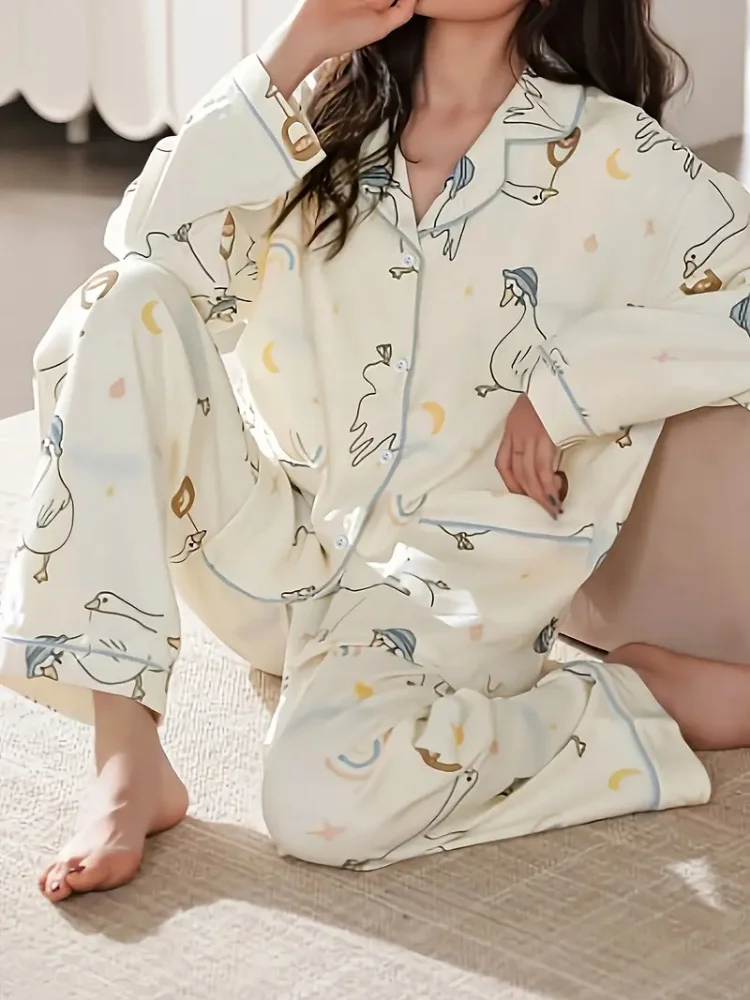 Adorable Goose Print Pajama Set Cozy Long Sleeves Chic Lapel Collar Soft Pants Perfect for Womens Relaxation Sleepwear Lounging