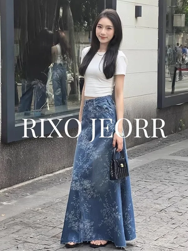 

High Waist A-Line Midi Skirt RIXO JEORR Denim Embroidered Flared Women's Versatile Slimming Casual Cotton Biker Skirt