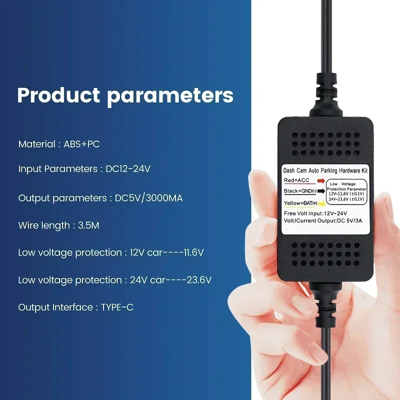 Kit de fio rígido para câmera de painel de carro 3A - cabo abaixador de 3,5 m 12-24 V com USB Mini/Micro/Tipo C para alimentação de painel