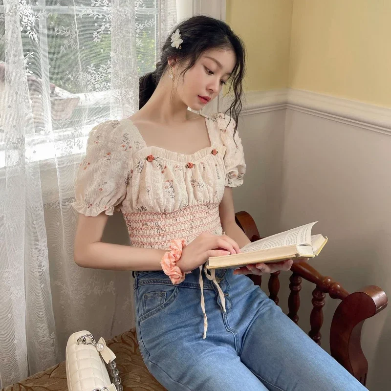 French Elegant Shirts Draw String Slim Waist Ruffles Square Collar Puff Sleeve Crop Tops Summer Sweet Preppy Style Women Blouses