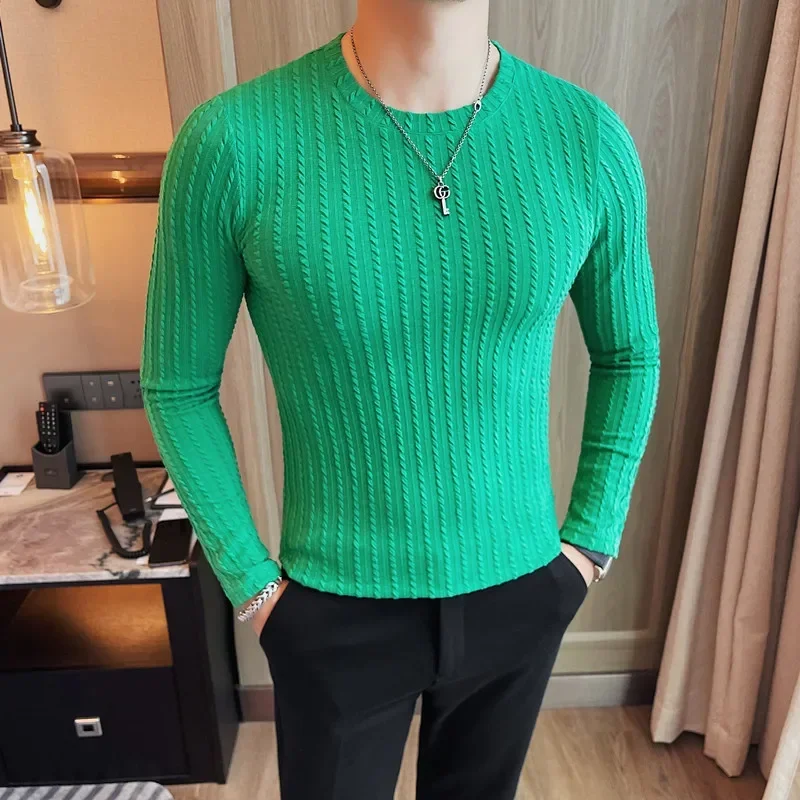 Men\'s Stripe T-Shirt Autumn Winter New Long Sleeve T Shirts For Men Clothing Round Collar Slim Fit Casual Tee Shirt Homme 4XL-M