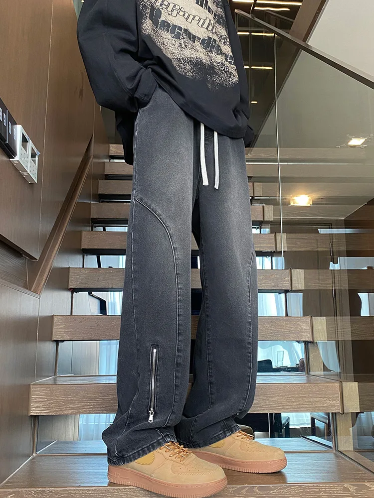 

Модные мужские джинсы в стиле хип-хоп, весенне-осенние свободные джинсовые брюки прямого кроя, молодежные износостойкие, водоотталкивающие.