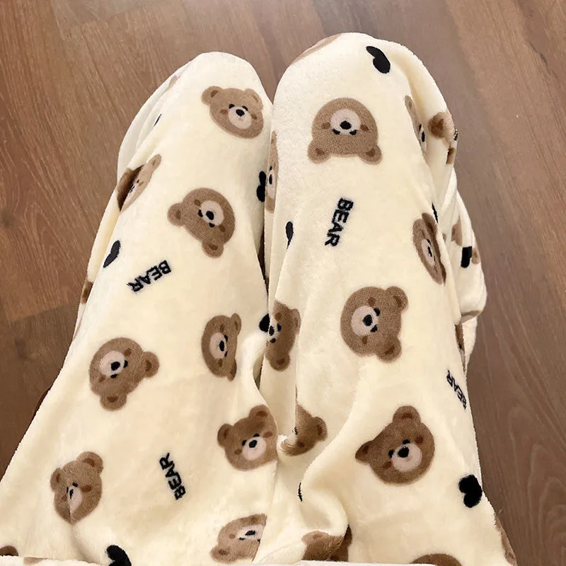 Kawaii Teddy Bear Pajamas Pants Women PJ Pants Warm Fluffy Beige Christmas Pyjamas Korean Flannel Sleepwear Girls Sleeping Pants