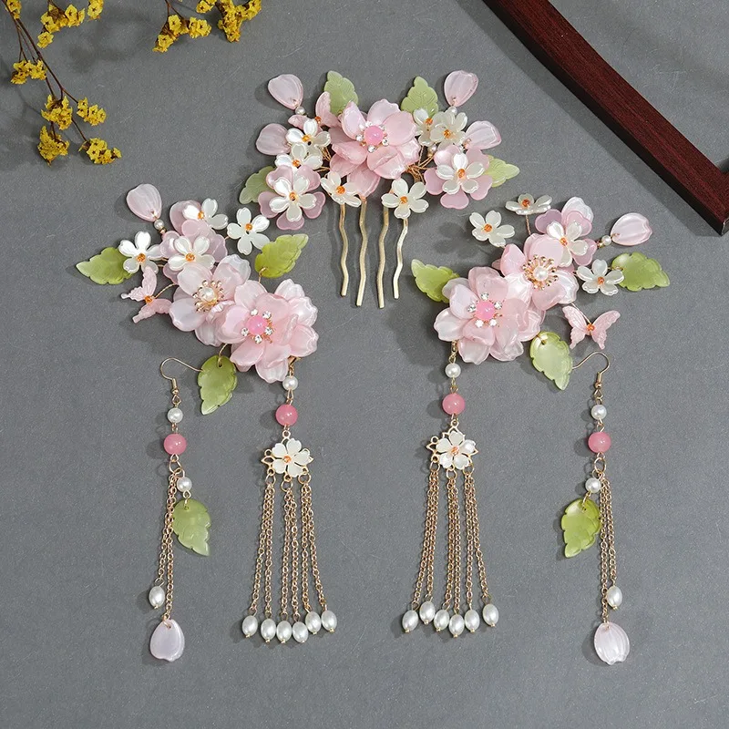 New Chinese Hanfu Headdress Fairy Silk Flower Hair Clip Glass Set Rose Tassel Hairpin Comb Set