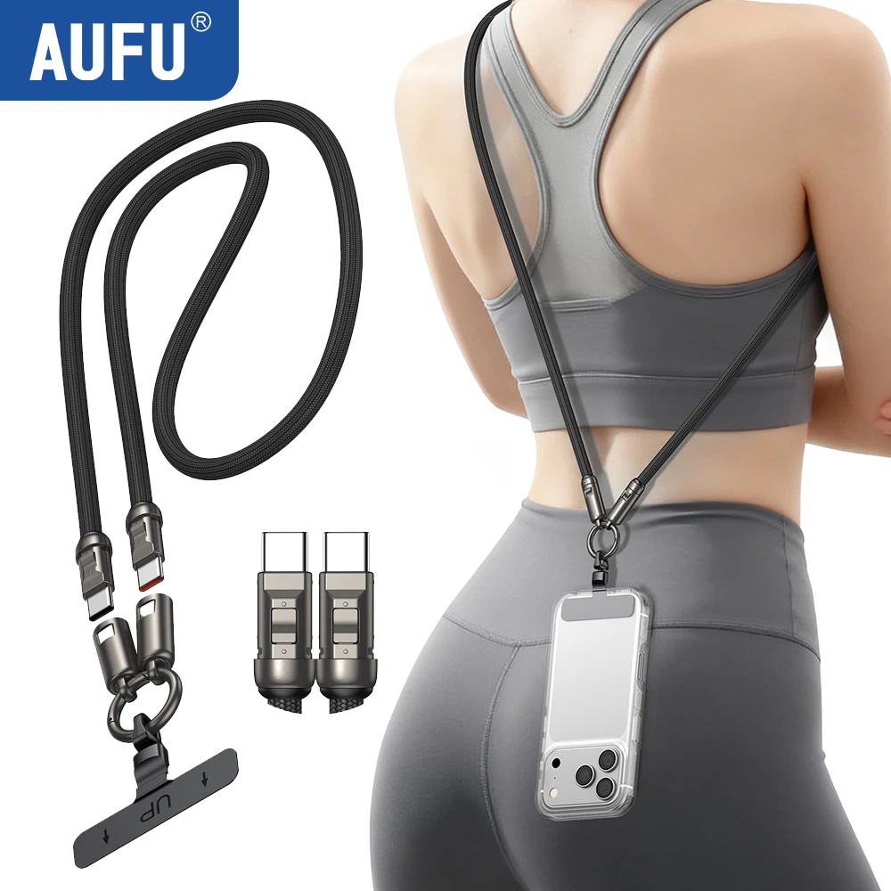 

AUFU Телефонный ремешок для зарядного устройства Кабель для зарядного устройства Шейный ремешок для телефона 240 Вт USB C к кабелю типа C для iPhone17 Samsung Android Телефонный кабель для передачи данных