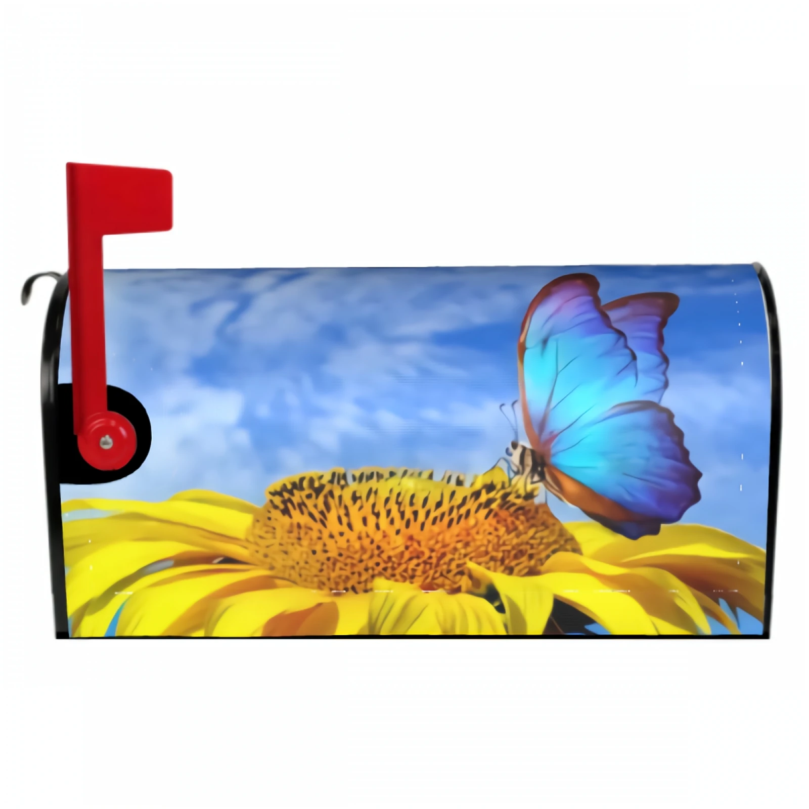 Bright Blue Butterfly Magnetic Mailbox Cover Beautiful Sunflower Waterproof Mailbox Wraps Post Letter Box Decor 21x18 Inch