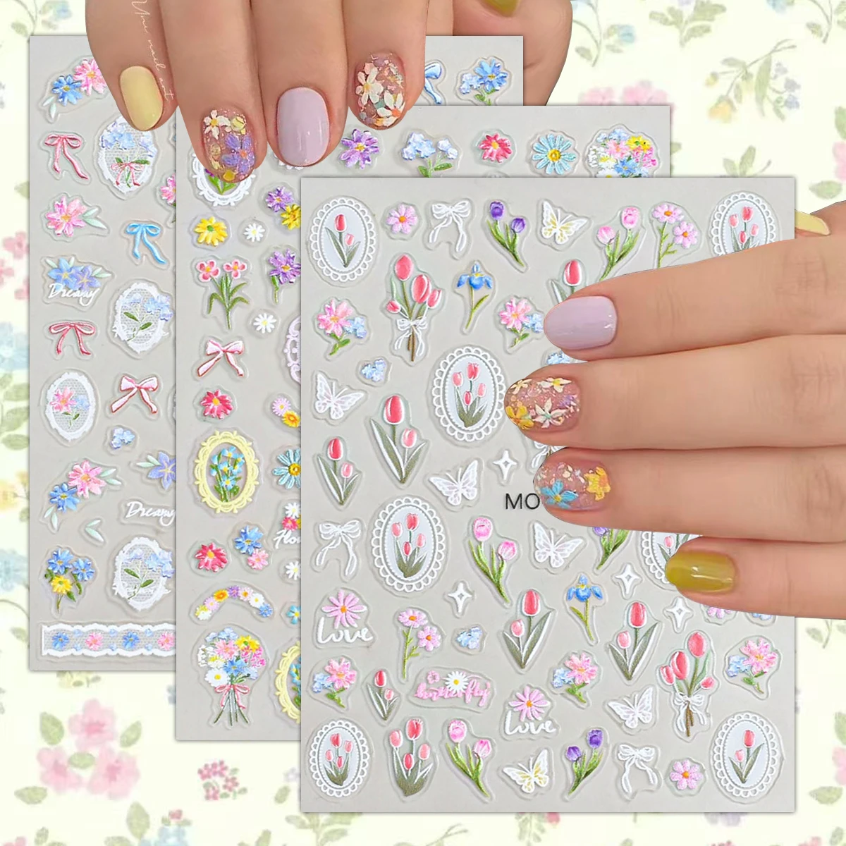 

3/6/12 Sheets Colorful Tulip Flower Nail Stickers Spring Floral Butterfly Lace Nail Decals for DIY Manicure Gel Nail Decorations