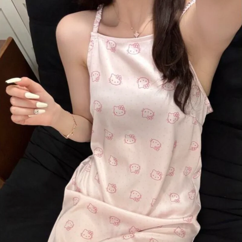 

Sanrio Hello Kitty Camisole Pajamas Ice Silk Women Home Summer Cooling Sleeveless Strappy Sexy Cartoon Comfortable Loungewear