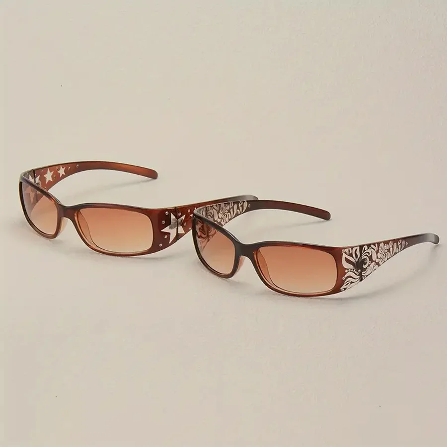 2PCS Retro Style Pattern Star Decoration Y2K fashion Women\'s Sunglasses Vacation Tourism Street Decoration Glasses Men