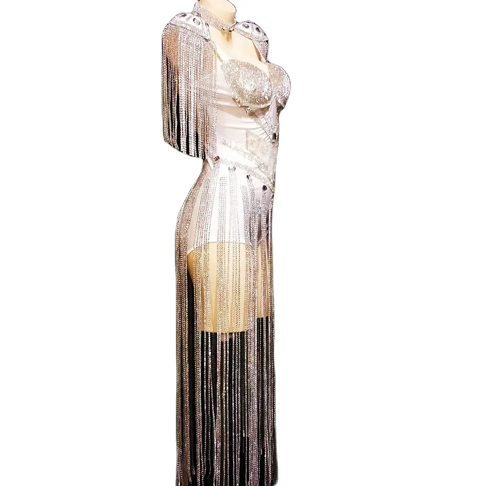 Costumi da donna con paillettes argento brillanti strass cristallo bianco sexy tute lunghe con nappe costumi di pole dance