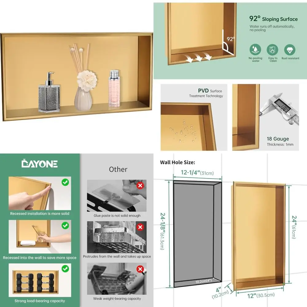 

Stainless Steel Gold Shower Wall Niche, 24x12, No Tile Required, Bathroom Soap Shelf Organizer with Double Recessed Shelves, Mod