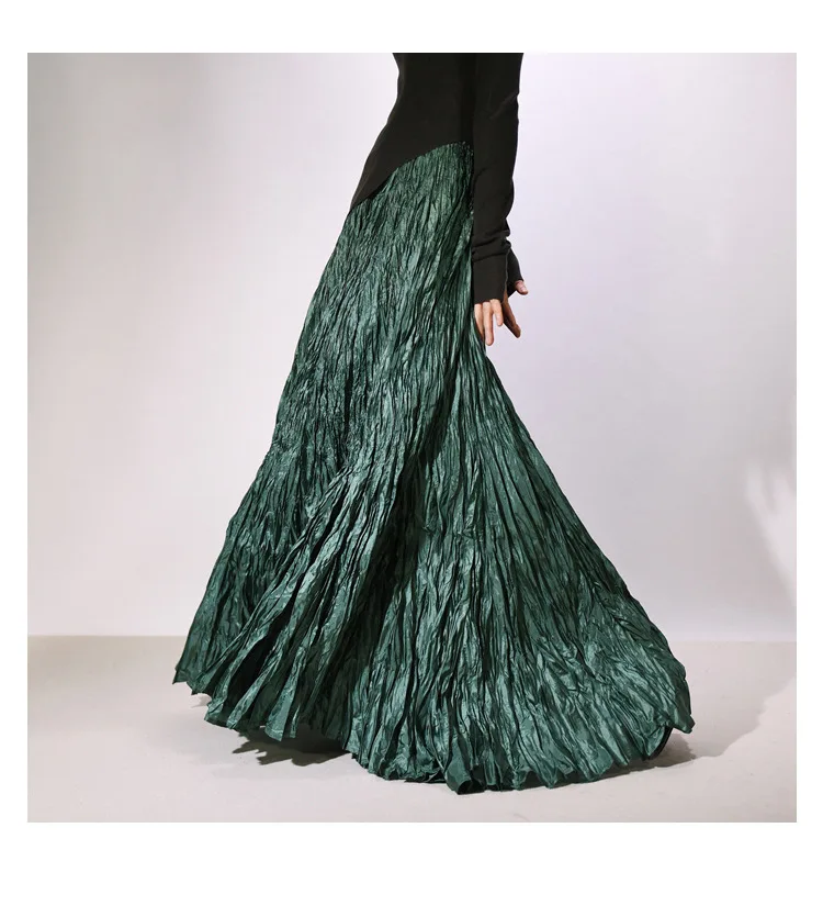 High Quality Women Spring Long Skirts Wide Hem Pleated Design High Waist A-Line Dance Maxi Skirts Faldas Femme Streetwear
