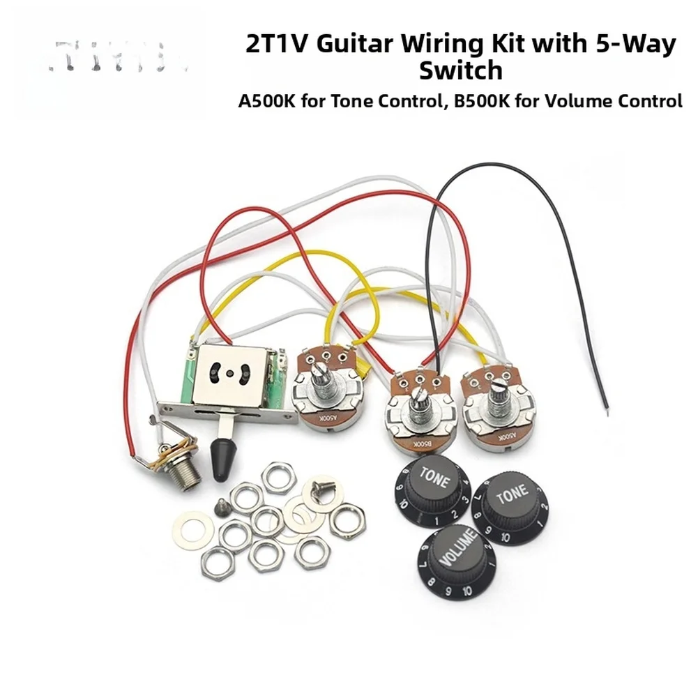 2T1V Electric Guitar Pre Wired Circuit with 5 Way Selector Switch 500K Pots and 6.35mm Output Jack for Tone Control Applications