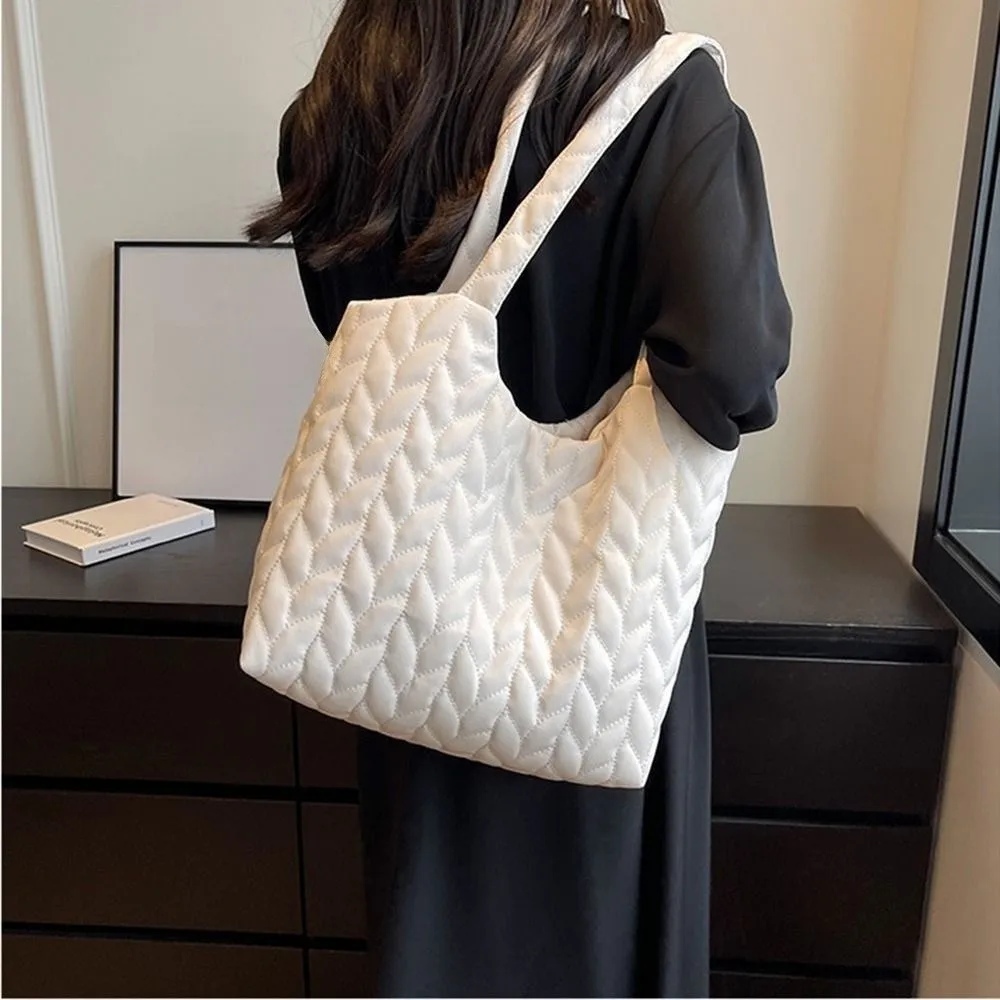 

Solid Color Quilted Shoulder Bag Embroidery Thread Large Capacity Travel Shopper Tote Soft Cotton-Padded Comfortable Handle