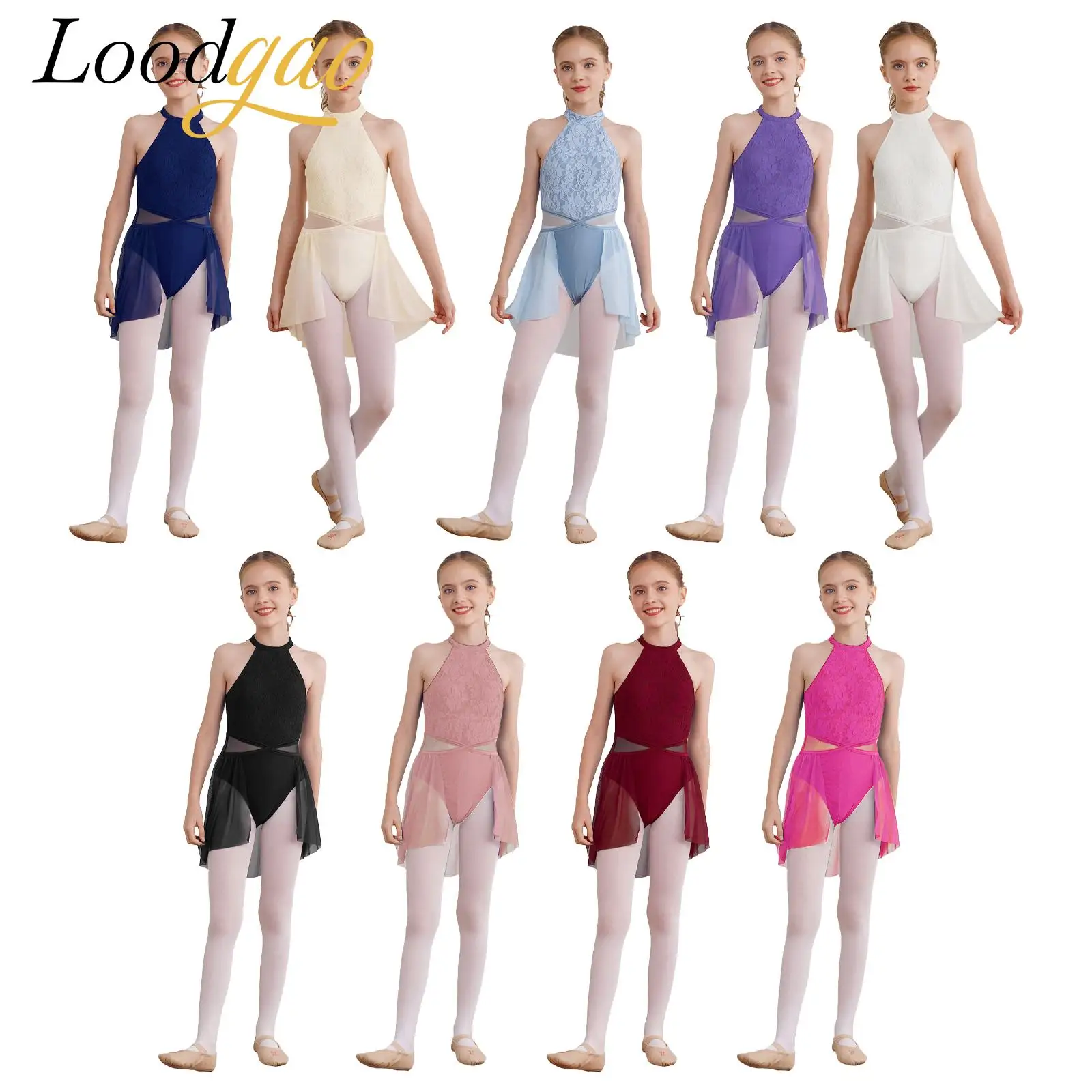 

Kids Girls Teens Dancewear Lace Floral Ballet Leotard Dress Gymnastics Jumpsuit Children Irregular Hem Figure Skating Dress