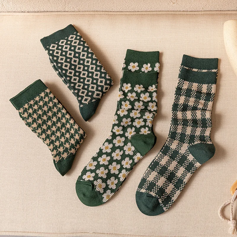 1/5 Paar Damen-Socken, lässig, bequem, mit Rautenmuster, für Frühling und Herbst, Retro, schlicht, modisch, mittellange Socken