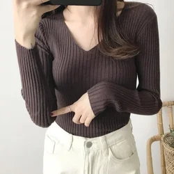 EVNISI Women V-Neck Slim Sexy Sweater Knit Long Sleeve Solid Bottoming Sweater Women Casual Pullovers Tops 2024 Autumn Winter